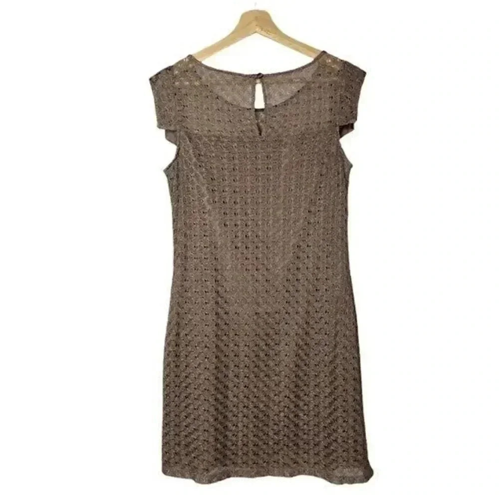 Jax Brown Metallic Crochet Lace Cap Sleeve Knee Length Dress 10